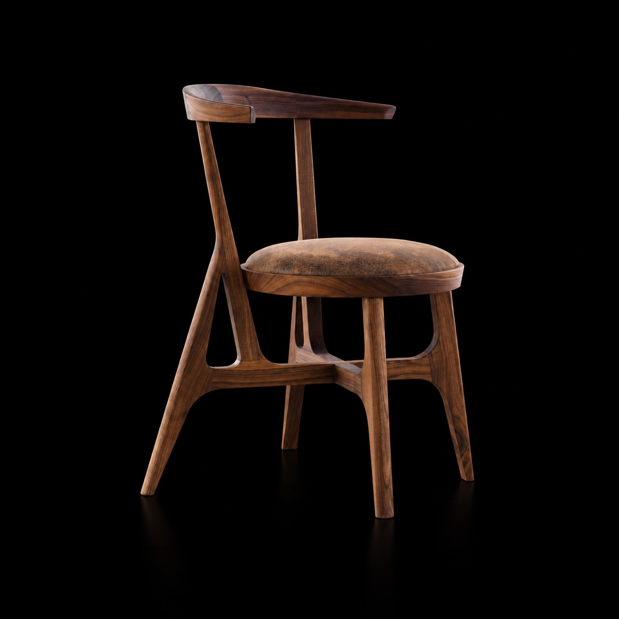 Silla Hendrix de madera con respaldo curvo, patas abiertas y asiento tapizado